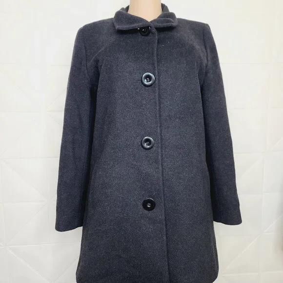 Fleurette Women's Black Wool Blend Long Button-Front Pea Coat Size 14
